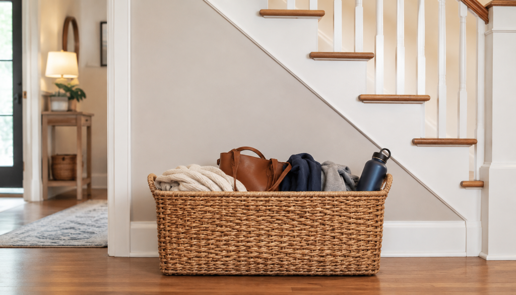 basket with clothes near by stairs