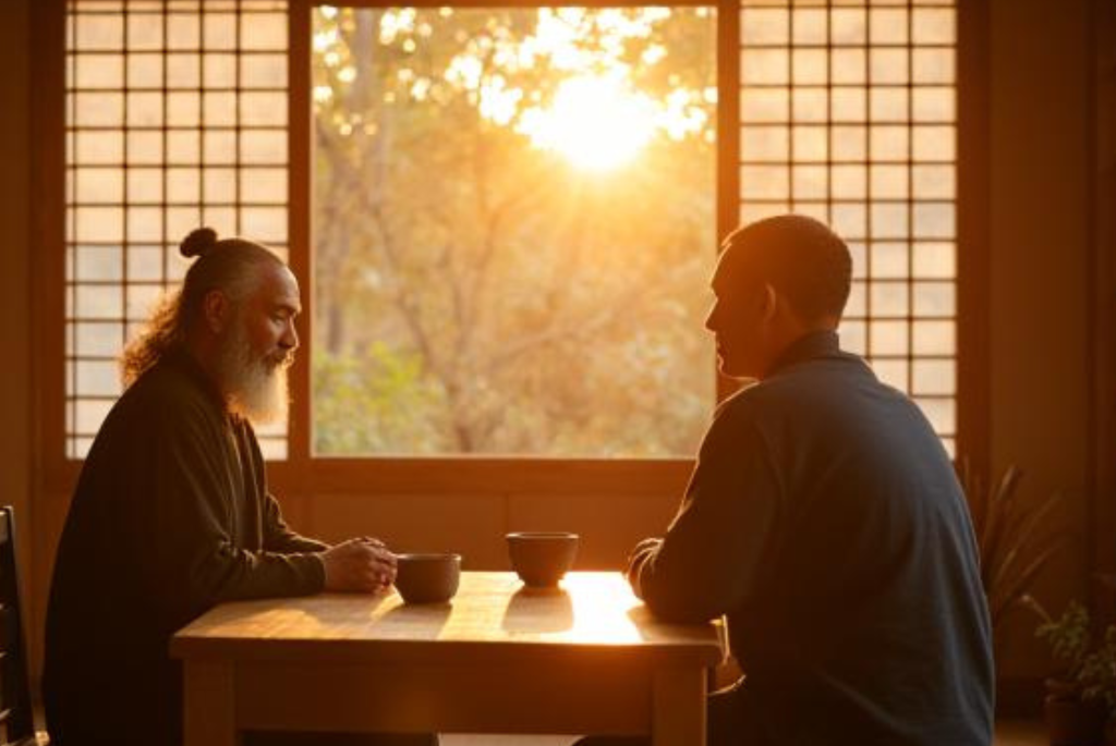 The Parable of the Two Cups - man and his teacher are sitting at the table